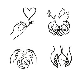Symbols of the world of kindness and love. Dove in hand. Heart in hand.Hands protecting the planet.Peace to the world.Hands holding a heart.Vector illustration.Doodle style.