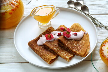 Pancakes with yogurt and honey. Pancake week