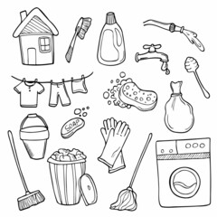 Doodle Cleaning set. Vector Spring House Cleaning sketch