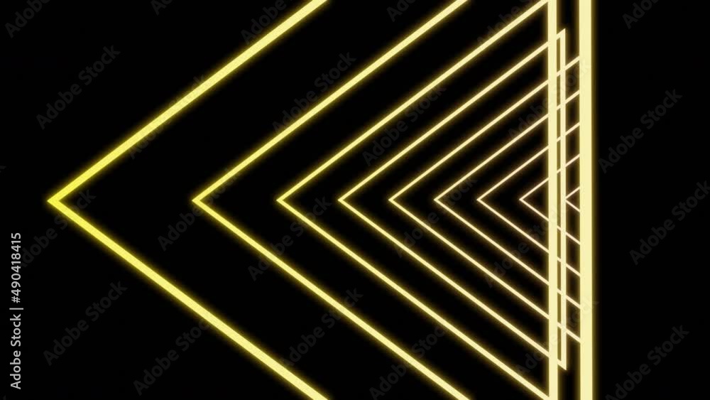 Poster Triangular neon tunnel on black background. Design. Moving dizzying tunnel of neon triangular lines. Geometric neon tunnel of triangles