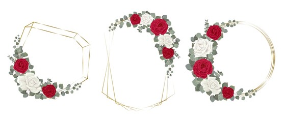Vector set of different golden frames and red flowers. Red and white roses, eucalyptus, green plants and flowers