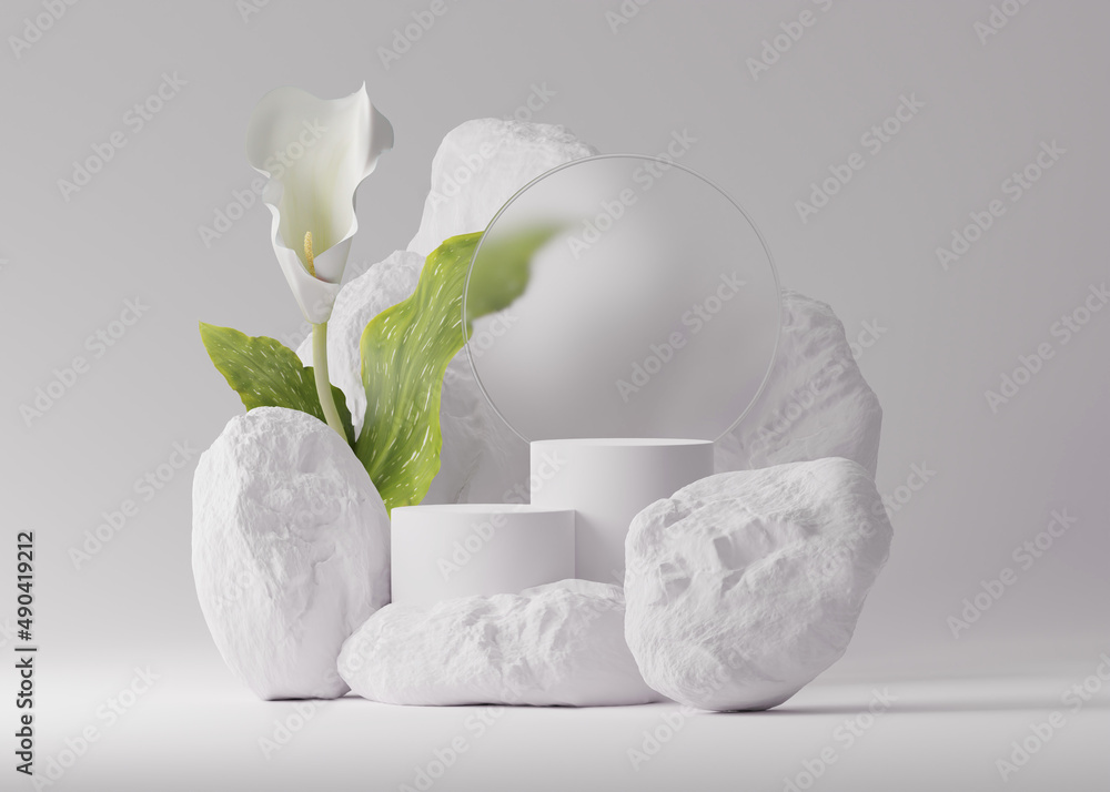 Canvas Prints 3D display podium white background and stone. Flower with green leaf and rock frame. Nature Blossom minimal pedestal for beauty, cosmetic product presentation.Feminine, organic mock up, 3d render - Canvas Prints