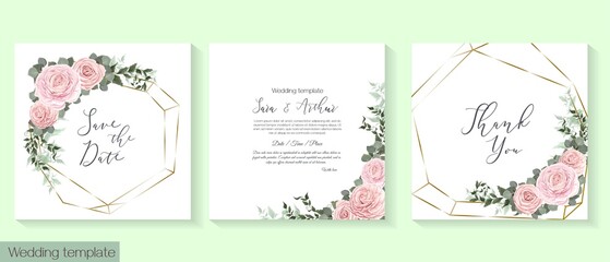 Fototapeta na wymiar Vector template for wedding invitation. Pink ranunculus, roses, eucalyptus, green leaves and plants, round frame.