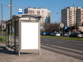 Empty blank white cut out bus stop advertisement poster, vertical ad banner sign board, city advert...
