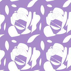Seamless pattern with white abstract roses on purple background.
