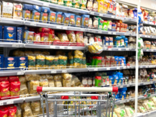 Fototapeta na wymiar empty grocery cart in an empty supermarket