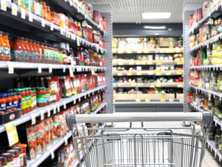 empty grocery cart in an empty supermarket