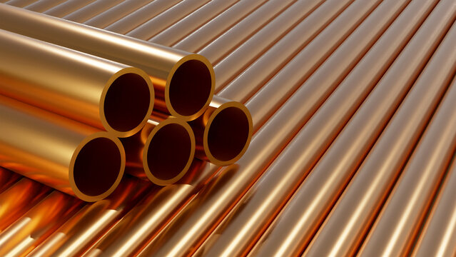 Group, set of simple new high quality shiny copper tubing copper plumbing heating system pipes, metal alloy pipes stacked, industrial construction materials, supplies storage, 3d render, nobody