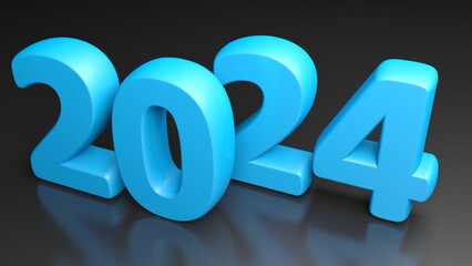 2024 blue write on black glossy surface - 3D rendering illustration