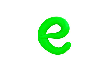 Single creative green colored letter E made from plasticine, isolated on white, cut out, object closeup, nobody. Ecology, green energy, power conservation, eco symbol abstract concept, modern design
