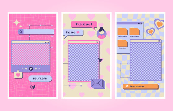 Instagram template stories set. Old computer aesthetic frames for quotes, slogan, text. Retro 70s, 80s, 90s. Retro Vibes Art. Trendy elements. Colorful bright background. Editable Vector. 
