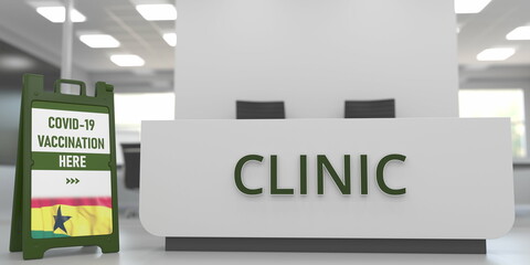 Flag of Ghana on a COVID-19 vaccination centre signboard, 3D rendering