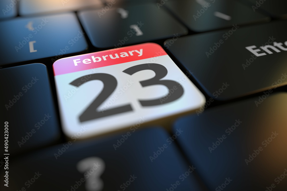 Poster february 23 date on a keyboard key, conceptual 3d rendering