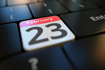 February 23 date on a keyboard key, conceptual 3d rendering