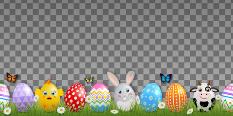 Seamless easter border with colorful eggs on transparent background. Easter banner with funny eggs, flowers, butterflies and grass  © Angelica