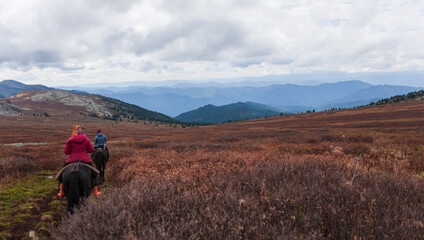 equestrian trip in the Altai mountains, descent from the mountain on horseback