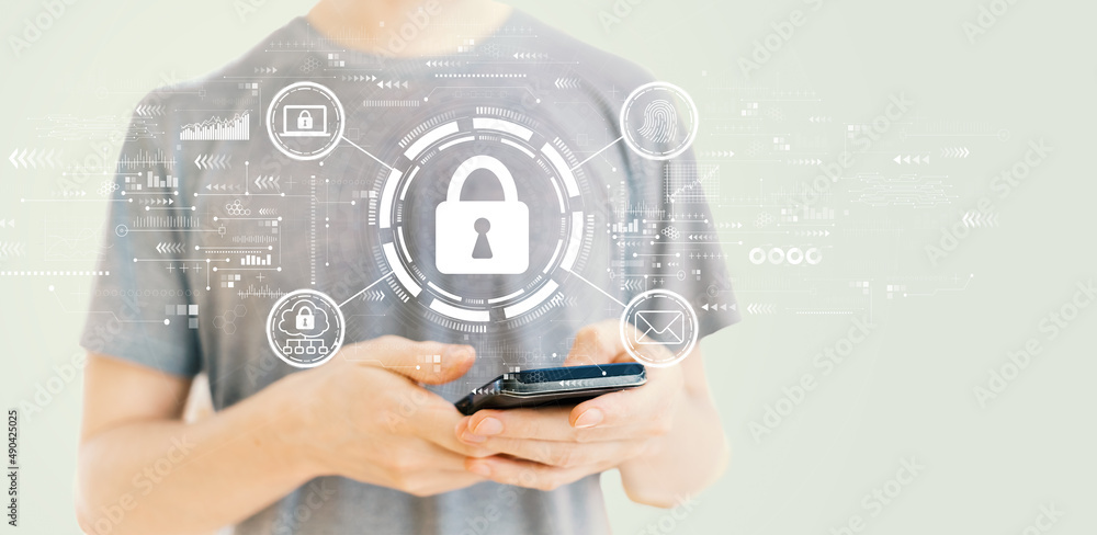 Poster internet network security concept with young man using a smartphone