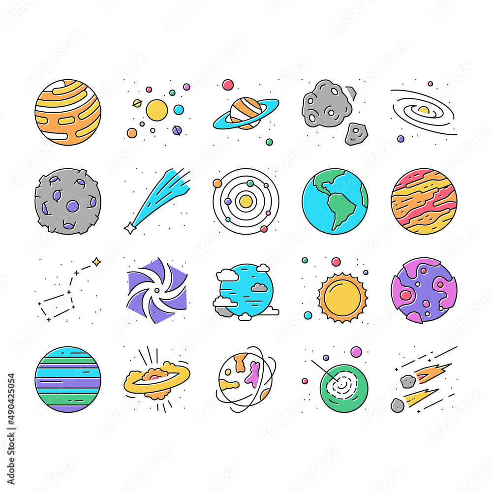 Poster galaxy system space collection icons set vector .