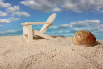 Fototapeta na wymiar Sea Shell and Beach Chair, Shallow DOF, Focus on Shell