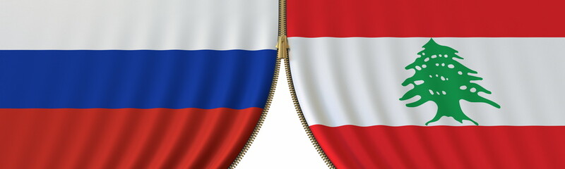Obraz premium Russia and Lebanon cooperation or conflict, flags and closing or opening zipper between them. Conceptual 3D rendering