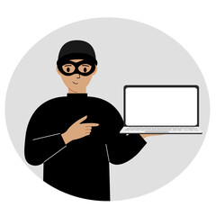 Hacker in a black mask with a computer. The cybercriminal is holding a laptop. Cyber attack, mobile phishing, scam.