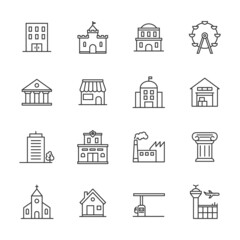 Vector building line icon set residential business town hotel urban apartment. Home architecture build symbol