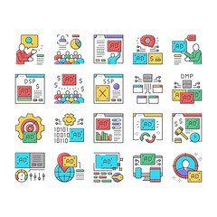 Programmatic Advertising Service Icons Set Vector .