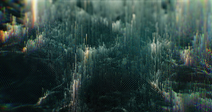 Abstract glitch art background with wavy shapes and cyan color palette. 3d render