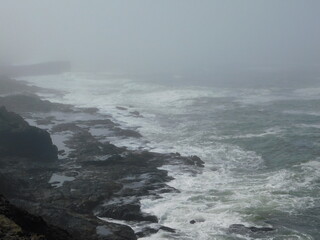 The Pacific Ocean meets the Oregon coast on a foggy morning