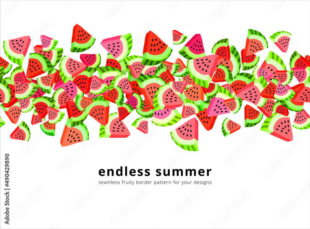 Poster vector seamless border pattern with watermelon slices. colorful hand-drawn repeatable horizontal bac