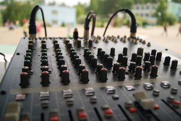 Audio equipment with microphone close-up on a blurry background