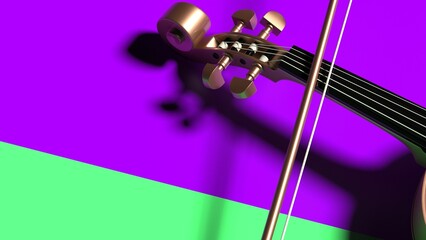 Brown-Gold classic violin on green-purple blue plane under spot lighting background. 3D sketch design and illustration. 3D high quality rendering.
