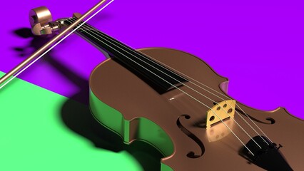 Fototapeta premium Brown-Gold classic violin on green-purple blue plane under spot lighting background. 3D sketch design and illustration. 3D high quality rendering.