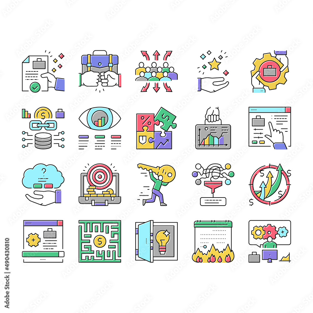 Aufkleber solution business problem task icons set vector .