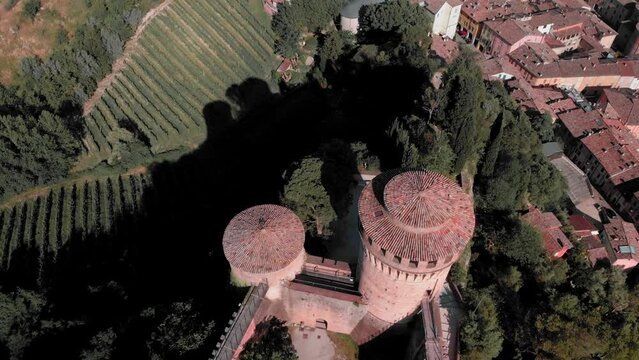 Aerial top-down view from drone of medieval Italian city.  Dozza, Emilia Romagna, Italy.