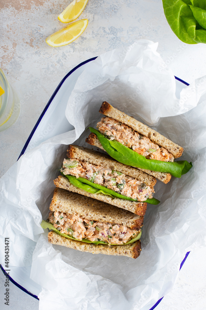 Wall mural Tuna or salmon salad sandwiches with celery and yogurt