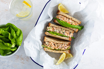 Tuna or salmon salad sandwiches with celery and yogurt