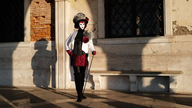 Venice, Italy - February 2022 - carnival masks are photographed with tourists in San Marco square
