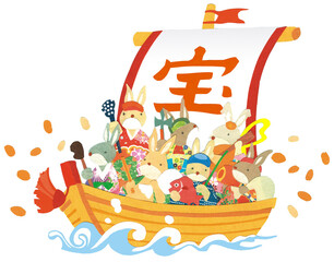 Paper-cutting: Rabbit's Seven Lucky Gods Treasure ship
