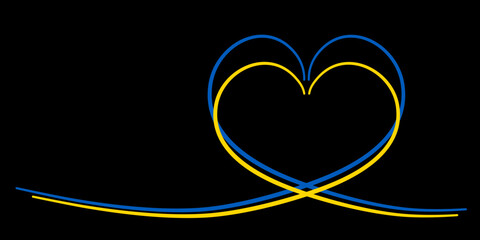 Niebieskie i żółte serce - kolory flagi Ukrainy.  Wsparcie dla Ukrainy. Stop wojnie. Czarne tło z ilustracją wektorową z miejscem na tekst. - obrazy, fototapety, plakaty
