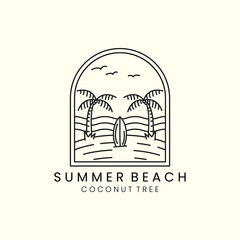 surf club with badge and line art style logo icon template design. summer beach, bird,sea,coconut tree, vector illustration