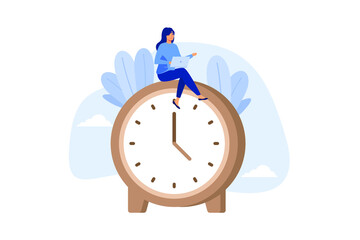 Flexible working hours, work life balance or focus and time management while working from home concept, young lady woman working with laptop while doing yoga or meditation on clock face. - obrazy, fototapety, plakaty