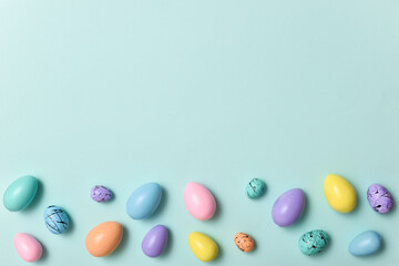 Easter postcard with bed-colored eggs with a copy of the place for the text. Banner for Easter. Festive background