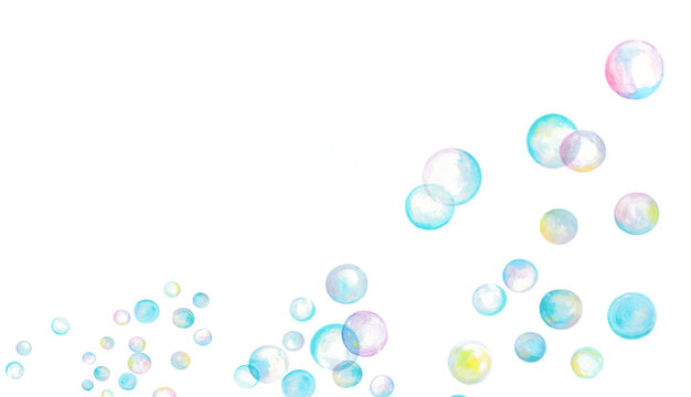 水彩で描いたカラフルなシャボン玉のイラスト素材　フレーム素材	春のイラスト素材　水色