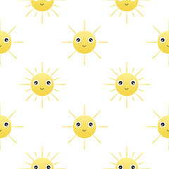 sun seamless pattern with cheerful face on white background