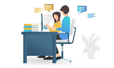 Isometric style illustration discussing with coworkers