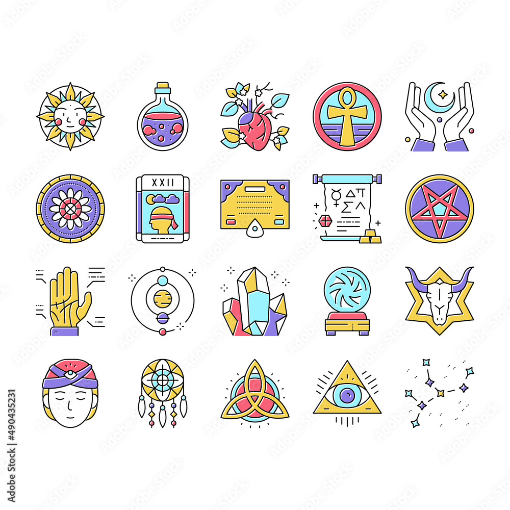 Poster astrological objects collection icons set vector .
