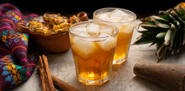 Tepache beverage with cinnamon and piloncillo. Mexican drink
