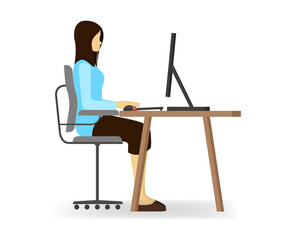 Isometric style illustration of a woman sitting comfortably in a chair and working with a computer