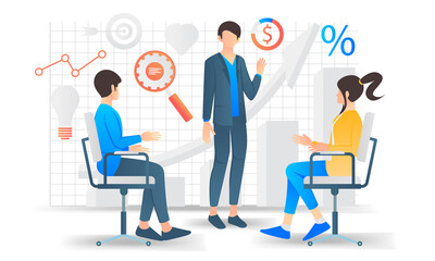 Illustration of isometric style business presentation and training